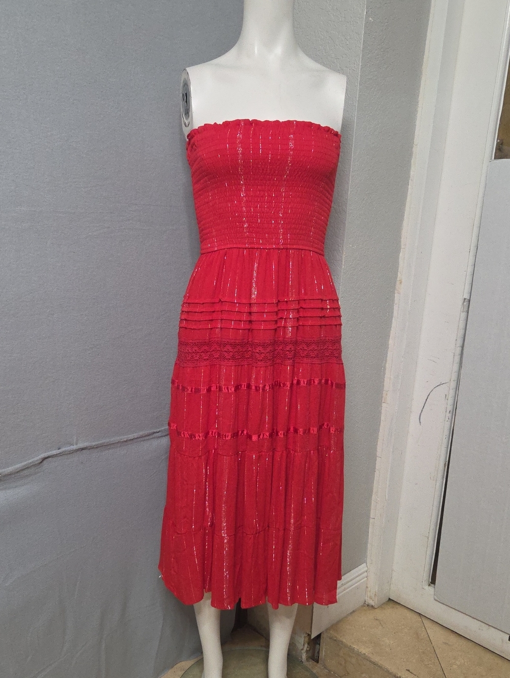 Women's Speed Limit Strapless Red & Silver Midi Dress Small Sz